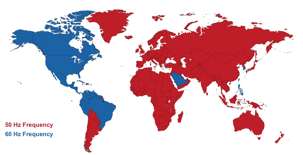 World map of 50Hz and 60Hz electrical regions
