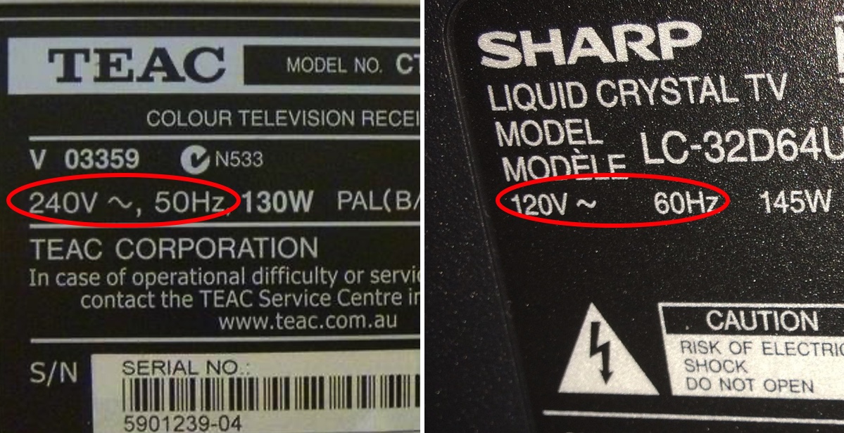 50Hz vs 60Hz rating labels on two appliances